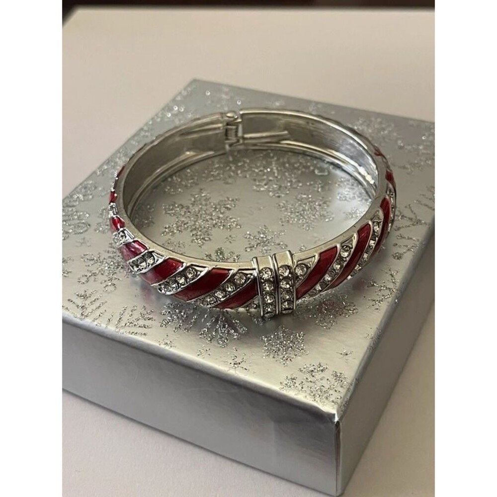 Beautiful Women’s Red Enamel Stripes Clear Rhinestone Silvertone Bangle Bracelet